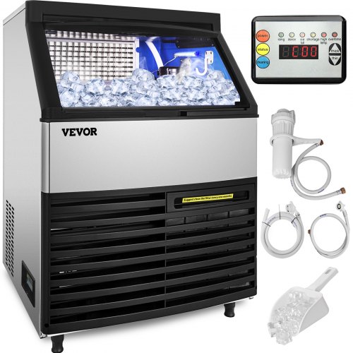 VEVOR 110V Commercial Ice Machine 265LBS/24H with 77LBS Bin, Clear Cube LED Panel, Stainless Steel, Air Cooling, ETL Approved