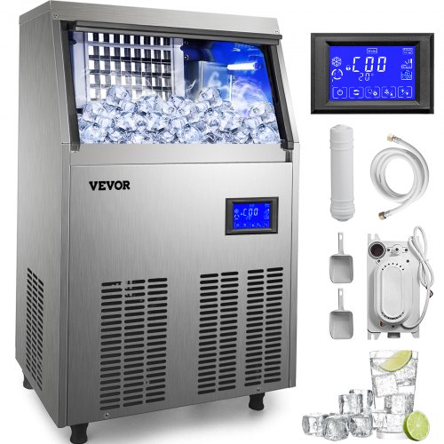 VEVOR 110V Commercial ice Maker 110-120LBS/24H with 33LBS Bin and Electric Water Drain Pump, Clear Cube, Stainless Steel Construction