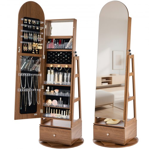 

VEVOR 360° Swivel Jewelry Cabinet, 1655 mm Tall, Full-Length Mirror with Storage, Standing Rotatable Jewelry Armoire Organizer, Lockable with 2 Keys, Accessory Pouches, Storage Shelves and Drawer