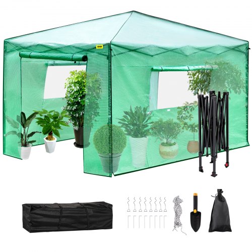 12 X 10 X 7 Portable Green Houses Tunnel Tent 4 Ropes Large Walk-in Heavy Duty Green Garden Plant Hot House Roll-up Windows 4 Stakes Zippered Door Greenhouse 