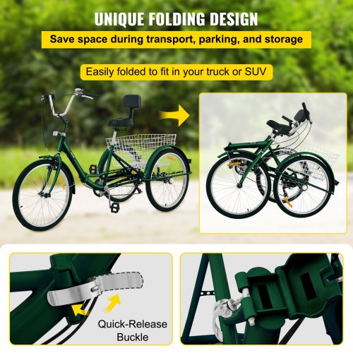 Foldable Adult Tricycle 24'' Folding Tricycle 7-Speed 3 Wheel Bikes For Adults 