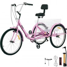 VEVOR Tricycle Adult 24" Wheels Adult Tricycle 7-Speed 3 Wheel Bikes for Adults Three Wheel Bike for Adults Adult Trike Adult Folding Tricycle Foldable Adult Tricycle 3 Wheel Bike Trike Foldable Pink