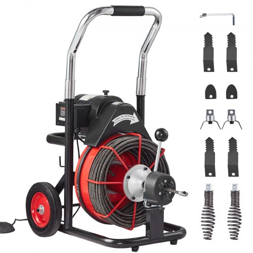 VEVOR Rohrreinigungsmaschine φ10,5 mm x 30 m, Reinigungsspirale mit Rädern, Automatischer Zufuhr, 8 Schneidmessern & Pneumatischem Fußschalter, Rohrreiniger für Rohrdurchmesser von 50 bis 100 mm