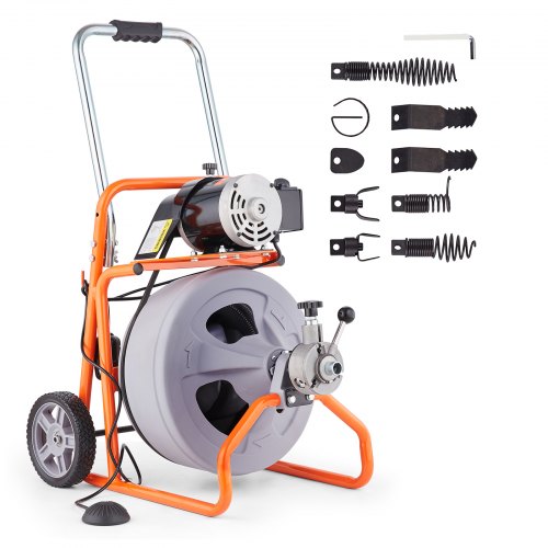 VEVOR Rohrreinigungsmaschine mit Automatischem Vorschub, 22m x 13mm Rohrreinigungsspirale mit 7,5 Zoll Rollen, Elektr. Abflussreiniger für 5-15cm Rohre, Rohrreinigungsgerät für Abflüsse Waschbecken