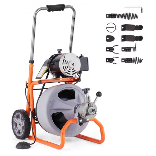 VEVOR Rohrreinigungsmaschine 30 m x 9,5 mm, Rohrreinigungsgerät mit Automatischem Vorschub, 8 Schneidwerkzeugen & Pneumatischem Fußschalter, Rohrreiniger für Rohrdurchmesser von 50 bis 100 mm