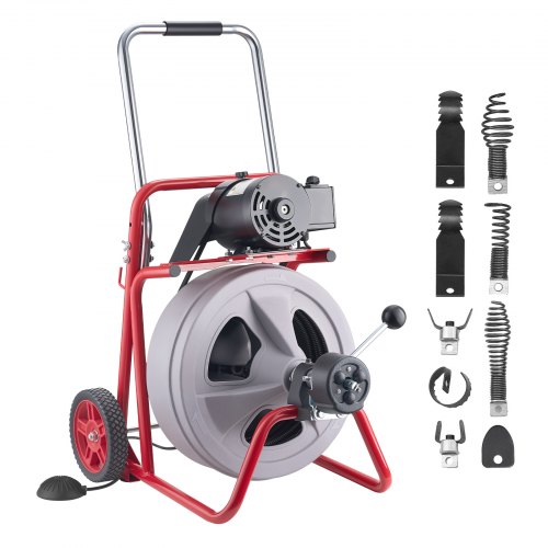 

VEVOR Drain Cleaner Machine 100 FT x 1/2 Inch, Auto Feed Sewer Snake Drain Auger on Wheels, Portable Drain Cleaning Machine with 8 Cutters & Air-Activated Foot Switch for 2" to 6" Pipes