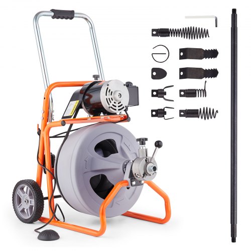 Drain Cleaner Machine 100FT x 1/2 Inch Auto Feed with Wheels & 8 Cutters $395.99