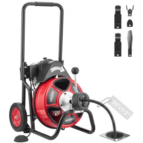 Vevor Drain Cleaner Machine 50 Ft X 1/2 Inch, Auto Feed Sewer Snake Auger On Wheels, Portable Drain Cleaning Machine With 4 Cutters & Air-Activated Fo-image