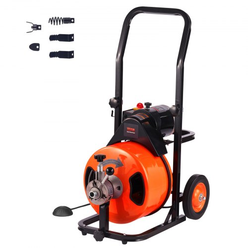 VEVOR Drain Cleaner Machine 100 FT x 1/2 Inch, Sewer Auger Auto Feed with 4 Cutter & Air-activated Foot Switch for 2 to 4 Pipes