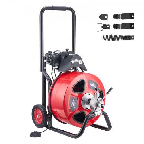 Vevor Drain Cleaner Machine 100 Ft X 3/4 Inch, Auto Feed Sewer Snake Auger On Wheels, Portable Drain Cleaning Machine With 4 Cutters & Air-Activated F-image