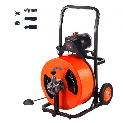 

VEVOR 100FT x 3/4 Inch Drain Cleaner Machine, Sewer Auger Auto Feed with 4 Cutter & Air-activated Foot Switch for 4" to 8" Pipes