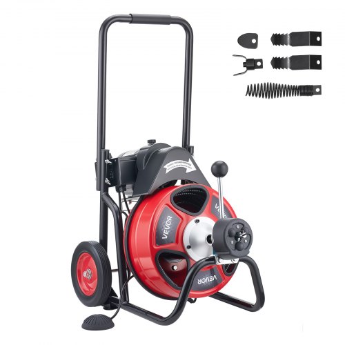 VEVOR Drain Cleaner Machine 100 FT x 3/8 Inch, Auto Feed Sewer Snake Auger on Wheels, Portable Drain Cleaning Machine with 4 Cutters & Air-activated F-image-010318859265