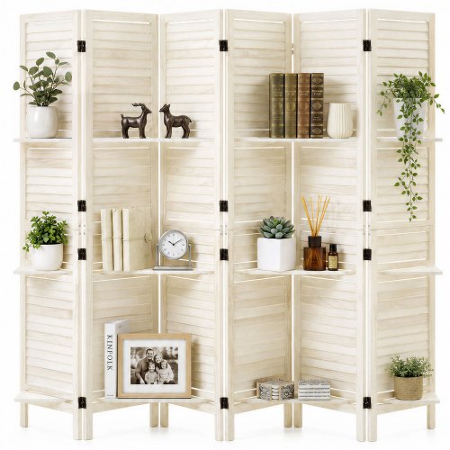 VEVOR Wood Room Divider 6 Panels Wood Folding Privacy Screen with Shelves, For Room Separation & Home Decor, 67.1 in Tall, Solid Frame, 360° Two-Way Hinges, Louvered Wooden Partition with Hardware