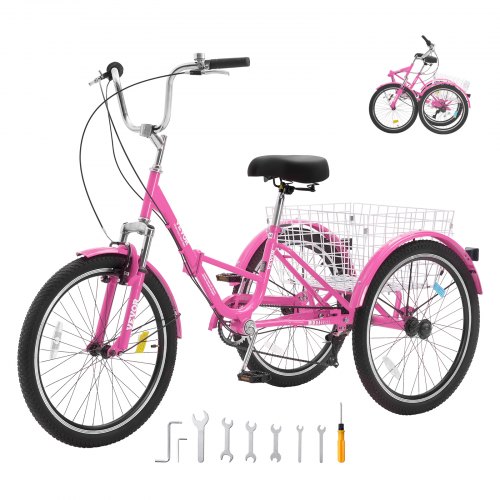 

VEVOR Folding Adult Tricycle, 24-Inch 7-Speed Adult Folding Trikes, Carbon Steel 3 Wheel Cruiser Bike with Basket & Adjustable Seat, Shopping Picnic Foldable Tricycles for Women, Men, Seniors (Pink)