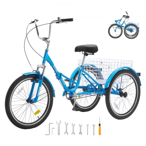 

VEVOR Folding Adult Tricycle, 24-Inch Adult Folding Trikes, Carbon Steel 3 Wheel Cruiser Bike with Large Basket & Adjustable Seat, Shopping Picnic Foldable Tricycles for Women, Men, Seniors (Blue)