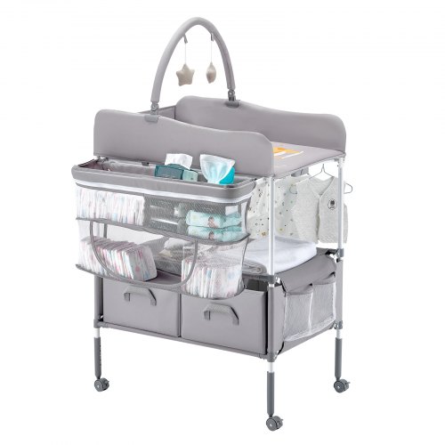 

Foldable Baby Changing Diaper Station with Side Basket & Hanging Rod Gray