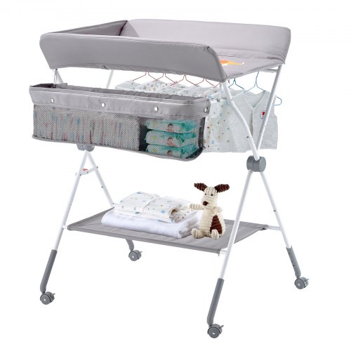 

VEVOR Foldable Baby Changing Diaper Station with Side Basket & Wheels Light Gray
