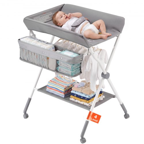 VEVOR Baby Changing Table, Foldable Diaper Change Station with Side Basket, Adjustable Height Portable Changing Table with Lockable Wheels, Multi-Func
