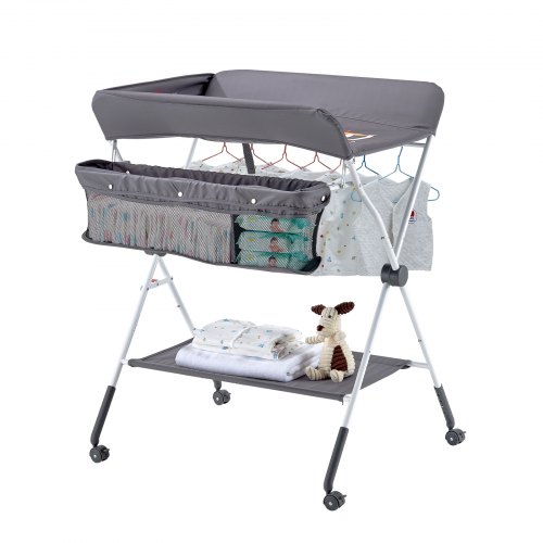 VEVOR Baby Changing Table, Foldable Diaper Change Station with Side Basket, Adjustable Height Portable Changing Table with Lockable Wheels, Multi-Func