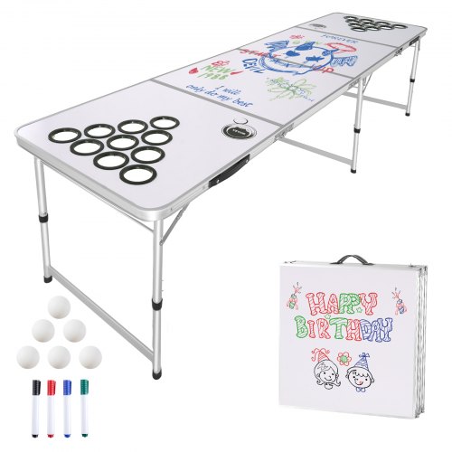 

VEVOR 8 Foot Portable Beer Pong Table, Folding Tailgate Table, Cup Holes, Dry Erase Markers and Carrying Handles, Adjustable Height, Lightweight Table for Office, Tailgate Party & Camping, White