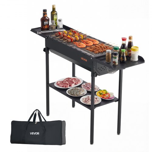 VEVOR Foldable Charcoal Grill, Portable Charcoal Barbecue Grill with Adjustable Height & Folding Side Tables, High-Temp Powder-Coated Steel Outdoor BB