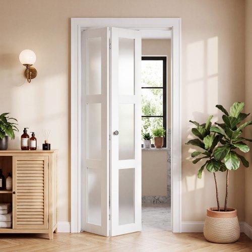 Vevor Bifold Closet Doors 2-Panel, 30" (Double 15") X 80", 3-Lite Frosted Glass Bifold Barn Door With Metal Hardware Kit & Sturdy Composite Frame, Mod-image