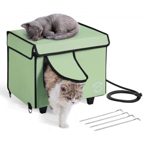 VEVOR Elevated Heated Cat House, Cuboid Kitty Shelter with Adjustable Temperature and Timer, 900D Oxford Cloth Foldable Cat Shelter with Heated Pad  for Winter to Stay Warm and Cozy, Green (Small)