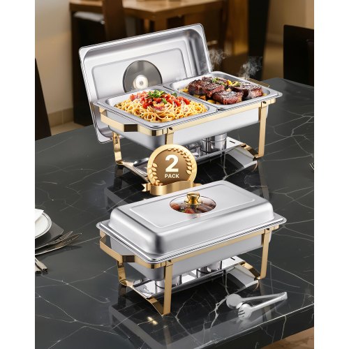

VEVOR Chafing Dish Buffet Set, 4 Qt 2 Pack, Stainless Steel Chafer with 4 Half Size Pans, Rectangle Catering Warmer Server with Glass Lid Water Pan Folding Stand Fuel Holder, for Wedding Party Banquet