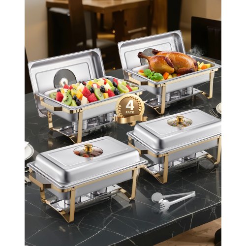 VEVOR Chafing Dish Buffet Set, 8 Qt 4 Pack, Stainless Steel Chafer with 4 Full Size Pans, Rectangle Catering Warmer Server with Lid Water Pan Stand Fu