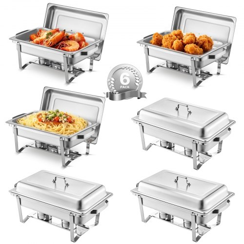 8 Qt 6 Pack Rectangle Chafing Dish Buffet Set Full Size Pan Stainless Steel