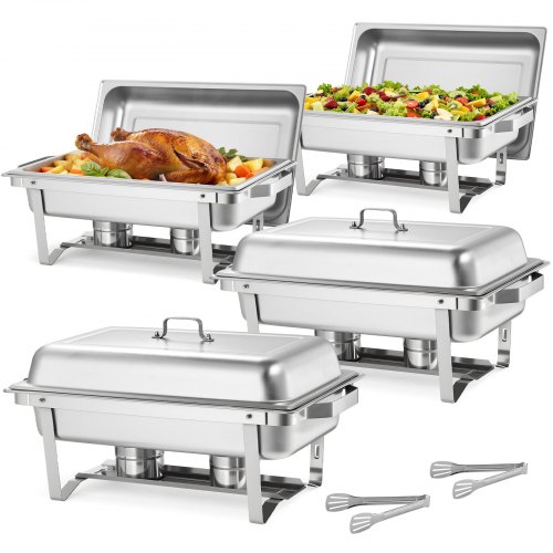 

VEVOR Rectangle Chafing Dish, 9 Qt 4 Pack Stainless Steel Chafing Dish, Food Warmer Chafer Complete Set with Hollow Handle, 2 Food Tongs, Lid, Fuel Holder, Chafer Dishes for Banquet Party Wedding