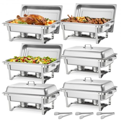 

VEVOR Rectangle Chafing Dish, 9 Qt 6 Pack Stainless Steel Chafing Dish, Food Warmer Chafer Complete Set with Hollow Handle, 3 Food Tongs, Lid, Fuel Holder, Chafer Dishes for Banquet Party Wedding