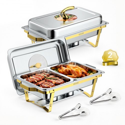VEVOR 2 Packs Chafing Dishes for Buffet Set, 9QT Stainless Steel Chafer, for Banquet Party Wedding, Rectangle Buffet Server Warmer, 1 Full & 2 Half-Size Pans, Glass Lid, Fuel Holder, Tong, Glass Pad