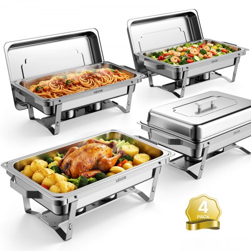 Vevor 4 Packs Chafing Dishes for Buffet Set, 9QT Stainless Steel Chafer, for Banquet Party Wedding, Rectangle Buffet Server and Warmer, with 4 Full Size Pans, Fuel Holder, and Foldable Stand