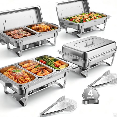 VEVOR 4 Packs Chafing Dishes for Buffet Set, 9QT Stainless Steel Chafer, for Banquet Party Wedding, Rectangle Buffet Server Warmer, 2 Full & 2 Half & 3 Third-Size Pans, Fuel Holder, Tong, Glass Pad