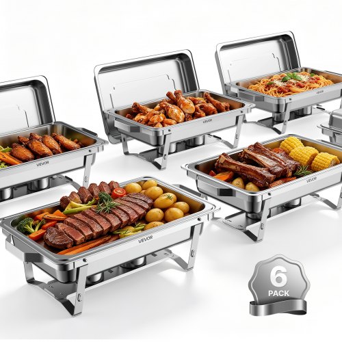 VEVOR 6 Packs Chafing Dishes for Buffet Set, 9QT Stainless Steel Chafer, for Banquet Party Wedding, Rectangle Buffet Server and Warmer, with 6 Full Size Pans, Fuel Holder, and Foldable Stand