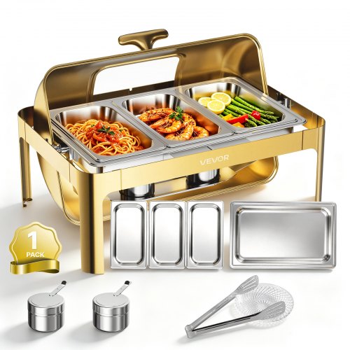 VEVOR 1 Pack Chafing Dish for Buffet Set, 13QT/12.3L Stainless Steel Chafer, for Banquet Party Wedding, Roll Top Rectangle Buffet Server Warmer, 1 Full & 3 Third-Size Pan, Glass Lid, Tong, Glass Pad