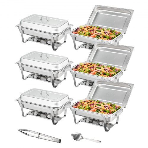 

VEVOR Chafing Dish Buffet Set, 8 Qt 6 Pack, Stainless Chafer with 6 Full Size Pans, Rectangle Catering Warmer Server with Lid Water Pan Folding Stand Fuel Holder Tray Spoon Clip, at Least 8 People Eac