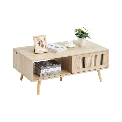 

VEVOR Rattan Coffee Table, Mid Century Modern Coffee Table, Rectangle Wood Coffee Table, 42 Inch Modern Boho Style Two Layers Storage Coffee Table, for Living Room, Bedroom & Small Spaces