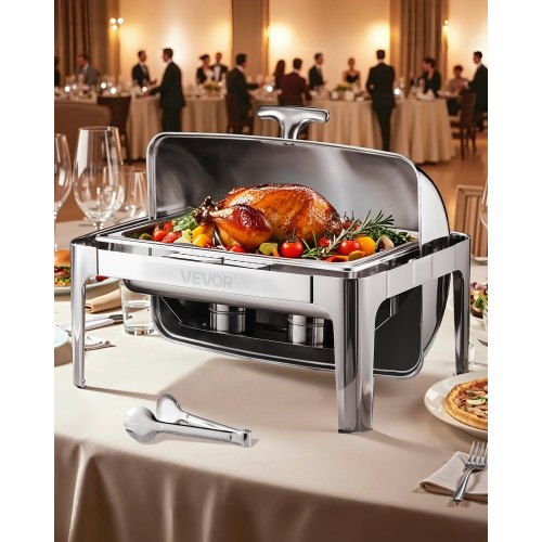 VEVOR Roll Top Chafing Dish Buffet Complete Set, 9Qt Stainless Steel Chafer with Full Size Pan, Rectangle Catering Warmer Server with Lid Water Pan Fo-image-010606819334