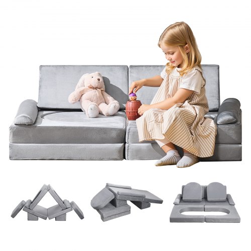 VEVOR Modular Kids Play Couch Sectional Toddler Sofa with Armrests 10 Pcs Gray
