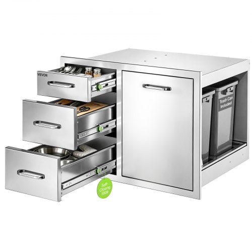VEVOR Outdoor Kitchen Drawer Combo, 20"W x 20"H x 28"D, Dual Trash Bins, for BBQ Island Storage, Patio Bars and Grill Station, with Handle, Built-In BBQ Island Drawers Organize Cookware Accessories