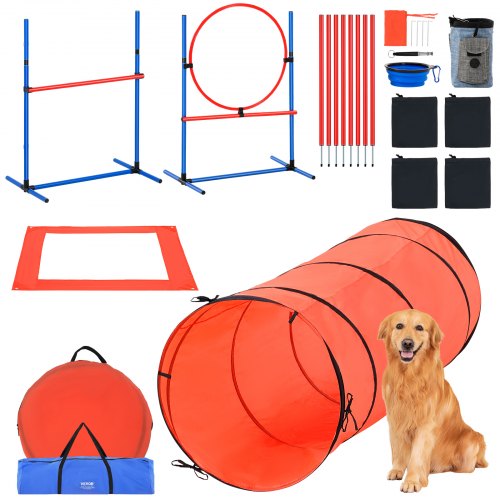 

VEVOR Dog Agility Training Equipment, 5 PCS Combination Set with Adjustable High Hurdles,6 Weave Poles, Tunnel, Jump Ring, Pause Box, Whistle, Foldable Bowl, Puppy Obstacle Course Kit with 2 Bags
