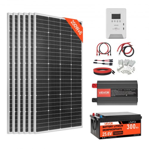 

VEVOR 1200W 24V Complete Solar Power Kit, 6*200W Monocrystalline Panels + 25.6V 300Ah LiFePO₄ Battery + 60A MPPT Charge Controller + 3KW Power Inverter, High Output Solar Kit for Large House Shed Farm