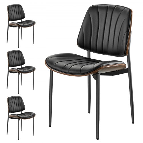 Set of 4 Dining Chairs Modern Leather Kitchen Side Chair Back Metal Legs Black