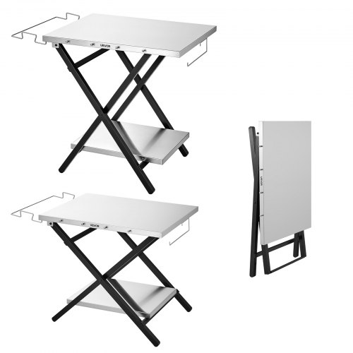 VEVOR Folding Grill Table 30x24 in Camping Prep Tables Stainless Steel, for Picnic BBQ Tailgating, 70 lbs Capacity, Adjustable Height, 2 Tier Outdoor Pizza Oven Stand, Garage Rack, Tissue Holder
