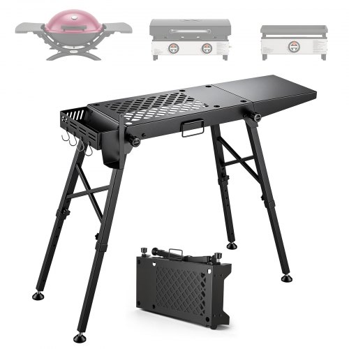 Vevor Folding Grill Table 41x12 in Camping Griddle Stand Fit 17 & 22 in, for Picnic BBQ Tailgating, Carbon Steel, Adjustable Height, 350 lbs Capacity, Outdoor Cart with Seasoning Basket, Side Shelf