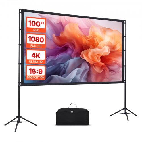VEVOR Projector Screen with Stand, 100 Inch 160° Wide Angle Indoor Outdoor Projection Screen, 16:9 4K HD Wrinkleless Portable Dual-Tripod Screens with