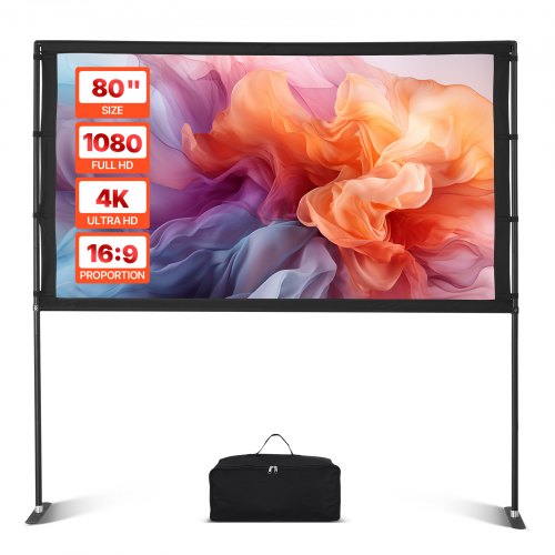 Projector Screen with 2 Stands 80 Inch 160° Wide Angle 4K HD 16:9 Movie Screen