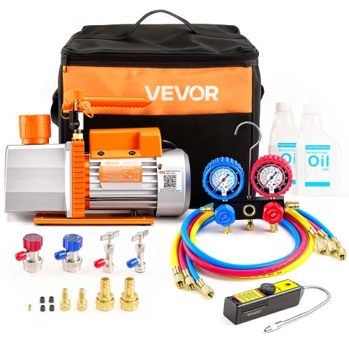 VEVOR AC Vacuum Pump and Gauge Set, 7 CFM 3/4 HP, Two Stage Rotary Vane HVAC Vacuum Pump, A/C Manifold Gauge Kit, for R134a R22 R410a, with Leak Detector Carry Bag Hose, for Auto HVAC Air Conditioning